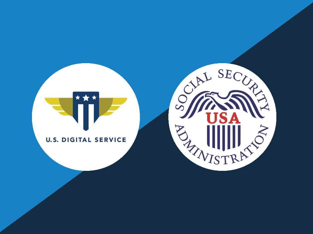 The United States Digital Service logo is a navy shield shape with yellow wings, two vertical stripes and three stars. To the right is the Social Security logo that is a navy eagle, navy striped shield and 'USA' written in red.